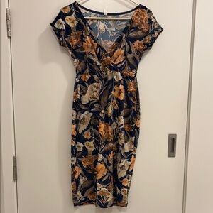 Maternity - Floral V-Neck Dress - Navy and Orange by Pinkblush in Size XS (0-2)